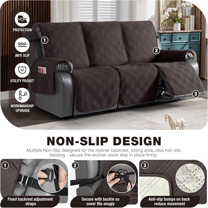 TAOCOCO 100% Waterproof Recliner Sofa Covers 3 Seater, Split Couch Covers for Reclining Couches for Kids Pets, Non Slip Reclining Couch Covers Furniture Protector with Straps(3 Seater, Coffee)
