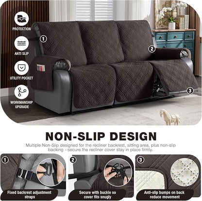 TAOCOCO 100% Waterproof Recliner Sofa Covers 3 Seater, Split Couch Covers for Reclining Couches for Kids Pets, Non Slip Reclining Couch Covers Furniture Protector with Straps(3 Seater, Coffee)