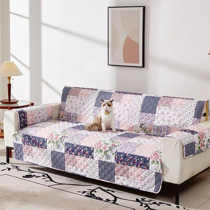 EVENHUG Sofa Cover for 3 Cushion Couch Patchwork Floral Sofa Slipcover Washable 3 seat Couch Cover Furniture Protector Cover with Elastic Straps for Pets Kids Dog Cat (Sofa,Pink&Purple)
