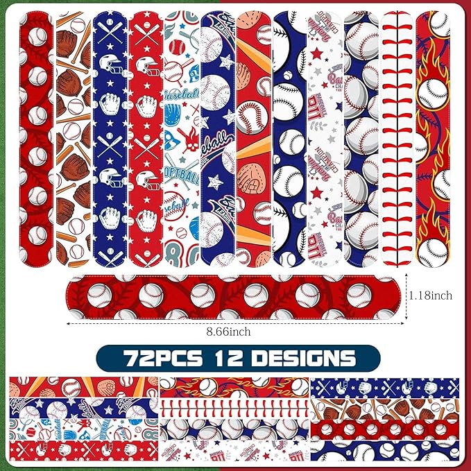 Aoriher 72 Pcs Basketball Slap Bracelets Basketball Wristbands Bracelets Bulk for Basketball Party Favors Sport Themed Bracelet(Baseball)