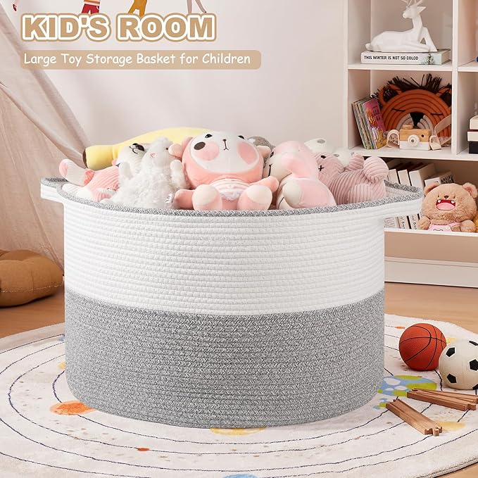 OIASKET XXL Large Blanket Basket with Handles, 105L Woven Storage Basket for Living Room, Cotton Rope Baby Toy Storage for Clothes, Pillows, Towels-Grey & White