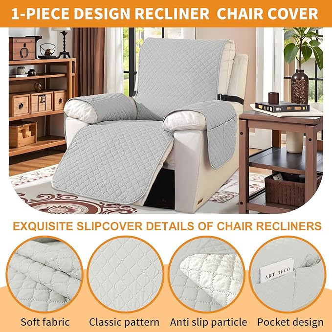 XINEAGE Water Resistant Recliner Cover, Nonslip Recliner Chair Covers for Reclining Chair with Pockets, Quilted Thick Recliner Slipcovers for Pets and Kids (Recliner Chair, Light Gray)