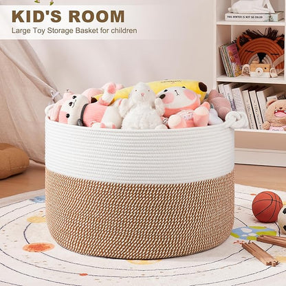 OIASKET XXL Large Blanket Storage Basket for Living Room, 105L Woven Cotton Rope Basket with Handles, Baby Toy Storage, Laundry Hamper for Clothes, Pillows, Towels-Yellow and White