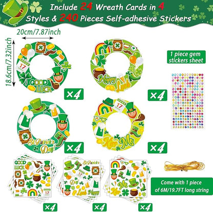 chiazllta 24 Pcs St. Patrick's Day Craft for Kids St. Patrick DIY Wreath Ornaments Sign Kits Irish Lucky Shamrock Leprechauns Stickers for Preschool Kindergarten Classroom Home Game Activities