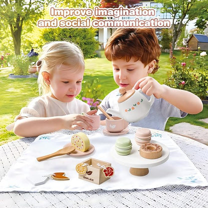 Dorjee Wooden Tea Set for Little Girls, Wooden Toys Toddler Tea Set Play Kitchen Accessories for Kids Tea Party with Play Food for Kid Age 3+ Gift