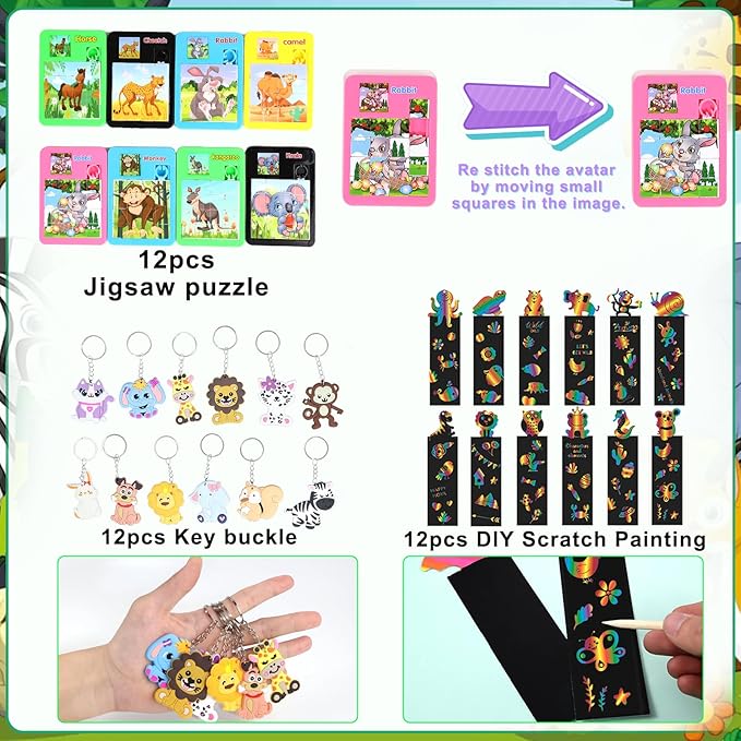 158PCS Jungle Safari Party Favors Set – Wild Animals Goodie Bag Stuffers, Masks, Straws, Stamps, Keychains, Gift Bags, Assembly Toys for Kids Birthday Party, Boys & Girls Party Favors