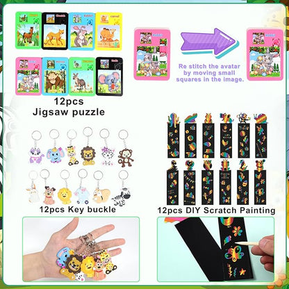 158PCS Jungle Safari Party Favors Set – Wild Animals Goodie Bag Stuffers, Masks, Straws, Stamps, Keychains, Gift Bags, Assembly Toys for Kids Birthday Party, Boys & Girls Party Favors