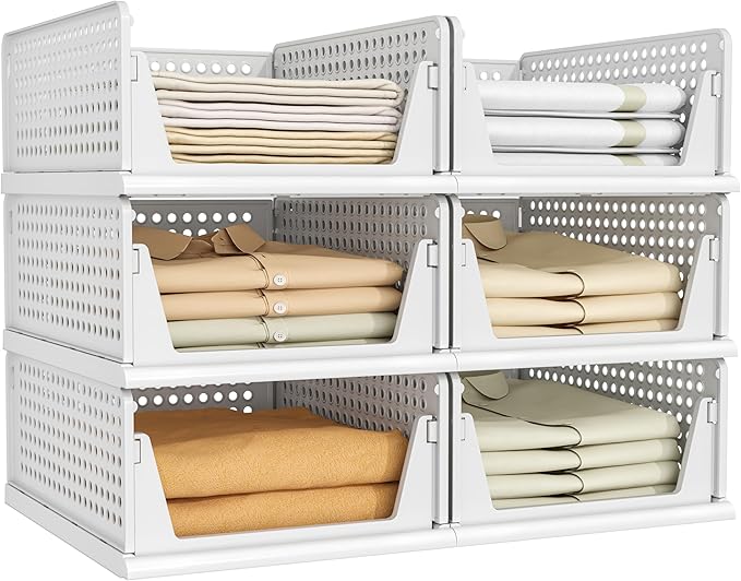 Pinkpum 6 Pack Closet Organizers Storage Bins, Stackable Plastic Drawer Basket for Clothing, Stackable Storage Bins Shelf Storage Container for Closet Wardrobe Bedroom Bathroom Office White