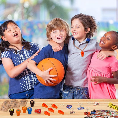 Basketball Party Favors 170 Pcs Basketball Birthday Party Decoration With Cups Straws Slap Bracelets Whistles Stress Balls Wristbands Keychains Stamps Stickers Thank you Tags (Basketball)