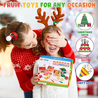 Fruit Sets - Kids Learning Toys for Toddlers 1-3, Play Kitchen Accessories Pretend Play Toys, Play Food Sets for Kids Kitchen, Wooden Fruit Preschool Toys for Girl Boy Christmas Birthday Gifts