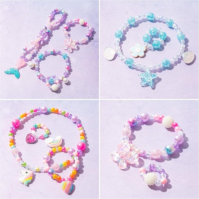OSNIE Kids DIY Bead Jewelry Making Kit with 400+ Beads & Charms for Creative Bracelets Necklaces Rings, Children Mermaid Starfish Shell Princess Necklace Bracelets Making Art Craft Bead Kit for Girls