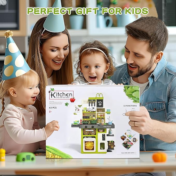 Kids Kitchen Playset, IRIMMY Kitchen Set for Toddler w/Realistic Cooking Light, Sounds, Steam, Sink, and Toy Kitchen Accessories, Pretend Kitchen Toys for Kids Girls Boys, Green