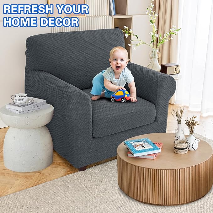MAXIJIN 2 Piece Jacquard Chair Covers with Arms Super Stretch Non Slip Chair Slipcover for Living Room Dogs Pet Friendly Elastic Sofa Couch Protector Armchair Cover (Chair, Dark Gray)