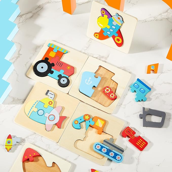 6 Pack Wooden Puzzles for Toddler 1-3 Years Old Wood Jigsaw Puzzles for Boys Montessori Games and Educational Toys for Kids Wooden Toddler Puzzles Present (Vehicle)