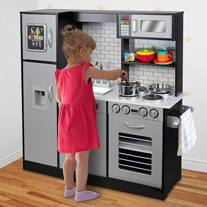 Lil' Jumbl Kids Kitchen Set, Pretend Wooden Play Kitchen, Battery Operated Icemaker & Microwave with Realistic Sound, Pots & Pan Included - Charcoal