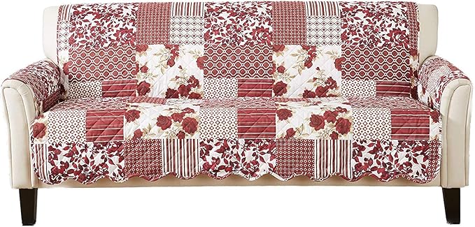 Great Bay Home Patchwork Scalloped Printed Furniture Protector Stain Resistant Sofa Cover (Sofa, Burgundy)
