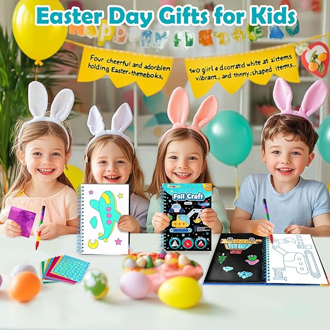 Foil Art Craft Activity for Kids: Fun DIY Toy Sticker Kit, No Mess Creative Travel Supply Set, Idea Birthday Easter Basket Stuffers Valentines Gift for Girl Boy Toddler 4 5 6 7 8 9 Year Old（Vehicle）