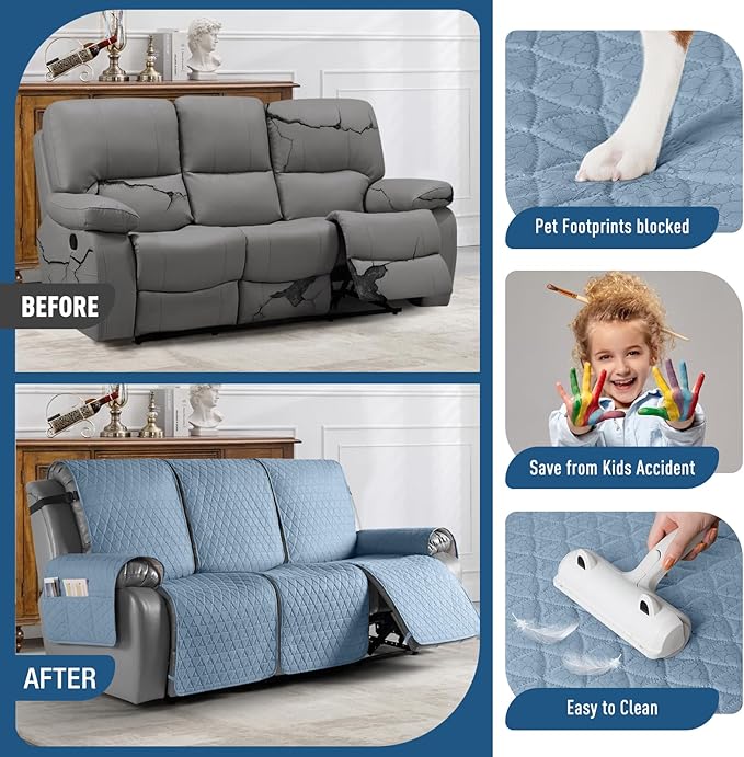 TAOCOCO 100% Waterproof Recliner Sofa Cover-Non Slip Split Couch Covers for Reclining Couches with Elastic Straps,Couch Covers for 3 Cushion Couch Sofa Pet Friendly(Sky Blue, 3 Seater)