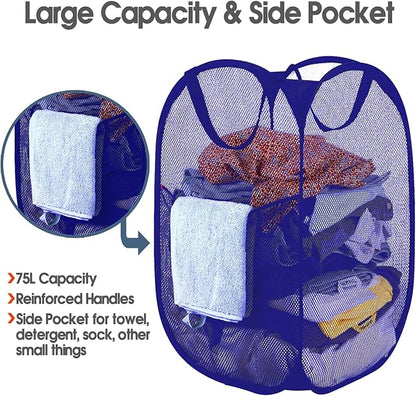 BATTOO Deluxe Strong Mesh Pop up Laundry Hamper Basket with Side Pocket Foldable Hamper for Laundry Room, Bathroom, Kids Room, College Dorm or Travel Royal Blue