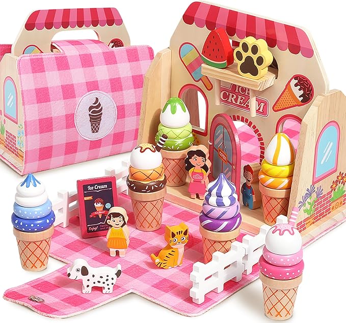 Migargle Wooden Ice Cream Shop Playset - Pretend Play Food & Kitchen Accessories for Kids Ages 3+, Portable Handbag Included, Ideal Christmas & Birthday Gifts for Girls and Boys