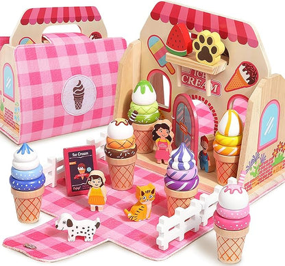 Migargle Wooden Ice Cream Shop Playset - Pretend Play Food & Kitchen Accessories for Kids Ages 3+, Portable Handbag Included, Ideal Christmas & Birthday Gifts for Girls and Boys