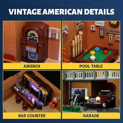 FUNWHOLE City Car-Hotel Lighting Building-Bricks Set - Road Trip Modular Twilight Motel Collection LED Light Car and Motorcycle Building Set 1970 Pcs for Adults and Teen