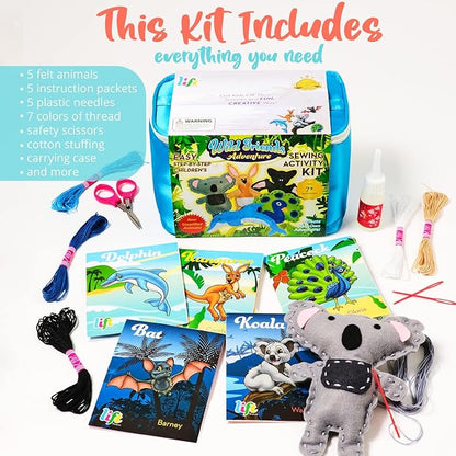 BRYTE Adventure Animals Sewing Kit for Kids: A Fun DIY Arts & Crafts Experience with 5 Pre-Cut Felt Animals, Needles, Thread & Instructions - for Kids Age 7+, Great Gift for Birthdays & Holidays