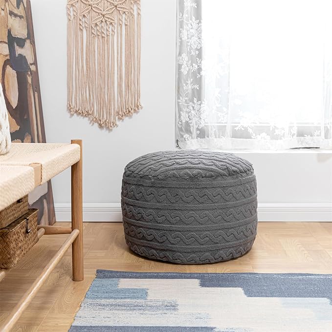 Round Stuffed Pouf Ottoman 20x20x12 Inches Plush Fiber Ottoman Foot Rest Under Desk Foot Stool Great for Living Room Bedroom Small Furniture (Gray Pouf with Filler)