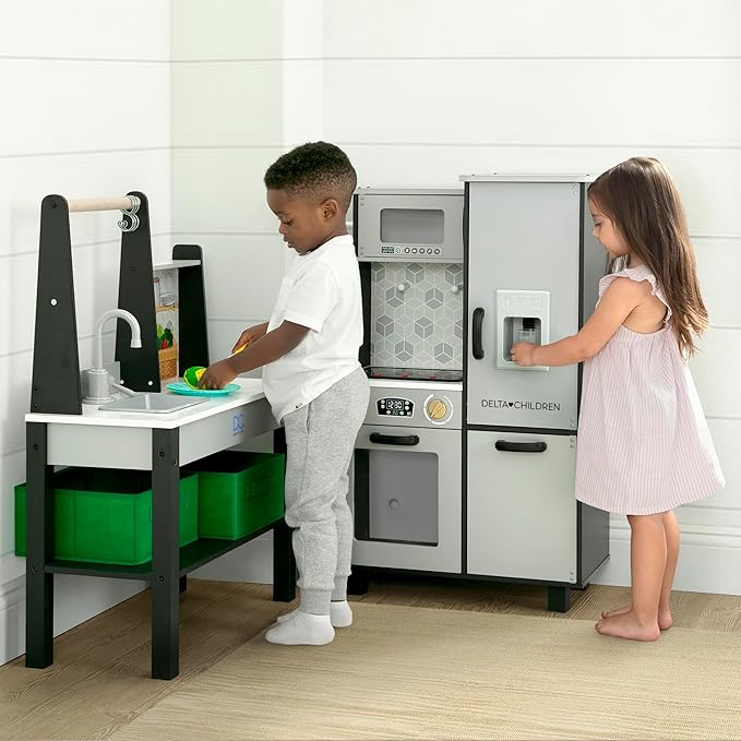 Delta Children Gourmet All-in-One Corner Play Kitchen - Toy Kitchen Playset with Safe & Heatless Stove with Lights, Oven, Sink, Fridge/Freezer with Ice Maker and 20 Accessories, Grey