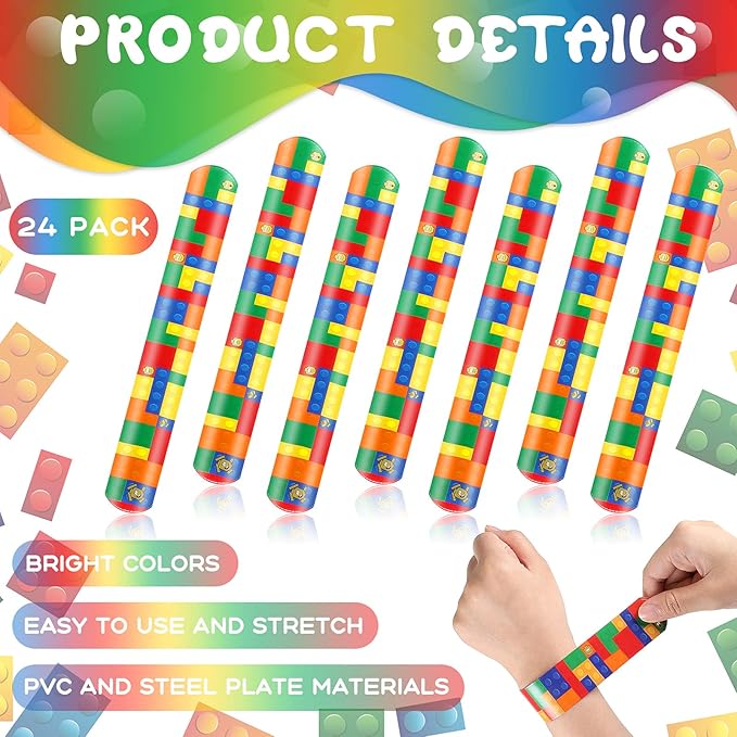 Civaner 24 Pieces Color Brick Party Slap Bracelet Colorful Building Blocks Pattern Slap Bracelets for Building Blocks Party Favors Slap Bracelet Party Supplies for Kids Teens Adults