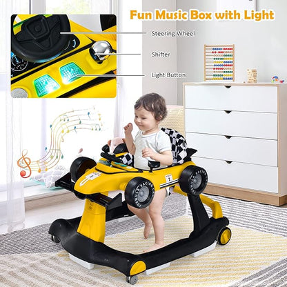 HOMGX Baby Walker with Wheels, Convertible Baby Push Walker & Race Car Mode, Infant Activity Center with Music Box, 3 Heights & 2 Speeds, Foldable Walkers for 6-18 Months (Yellow)