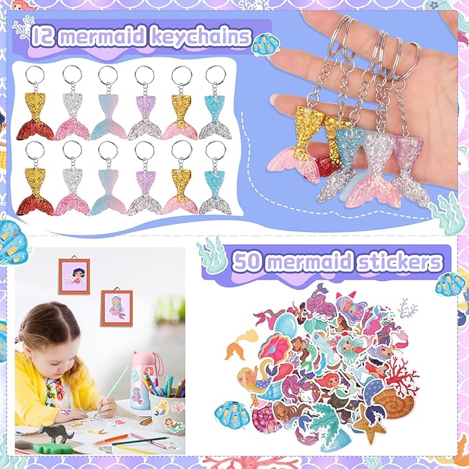 132Pcs Mermaid Party Favors, Mermaid Party Supplies for Girls Include Keychains, Slap Bracelets, Rings, Clips, Stampers, DIY Sticker, Stickers, mermaid goodie bags, Perfect for mermaid give away gift