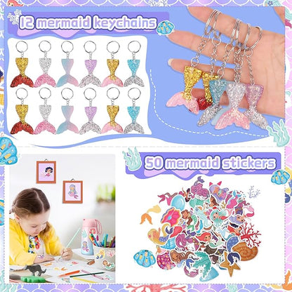 132Pcs Mermaid Party Favors, Mermaid Party Supplies for Girls Include Keychains, Slap Bracelets, Rings, Clips, Stampers, DIY Sticker, Stickers, mermaid goodie bags, Perfect for mermaid give away gift