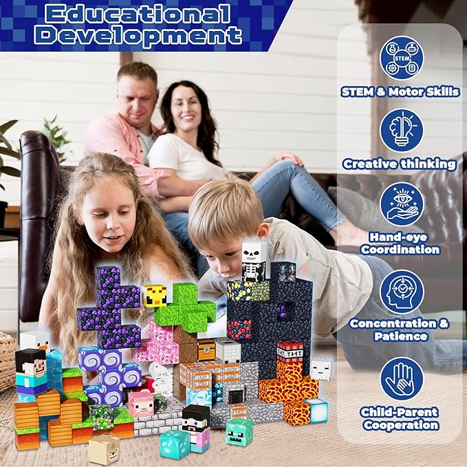 Magneverse 150 PCS 0.8in Magnetic Blocks - Easter Toys, Magnetic Building Blocks Cubes, Stacking Magnets, School STEM Toys Birthday Gifts for Boys and Girls Age 3+ Years Old (Theme: Adventure World)