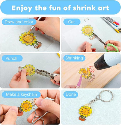 Auihiay 198 Pieces Shrink Plastic Kit Include 20 Sheets Shrinky Paper, Hole Punch, Keychains Accessories and Pencils for DIY Ornaments or Creative Craft