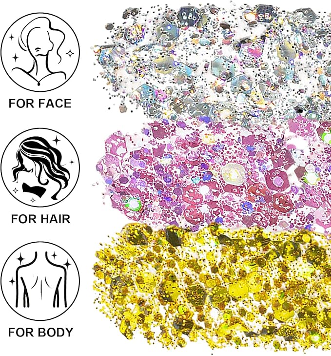 Hair Face Body Glitter Set for Women, Silver Pink Gold Holographic Mermaid Sequins Chunky Glitter Makeup for Prom, Music Festival Rave Accessories, Mardi Gras, Halloween Themed Party