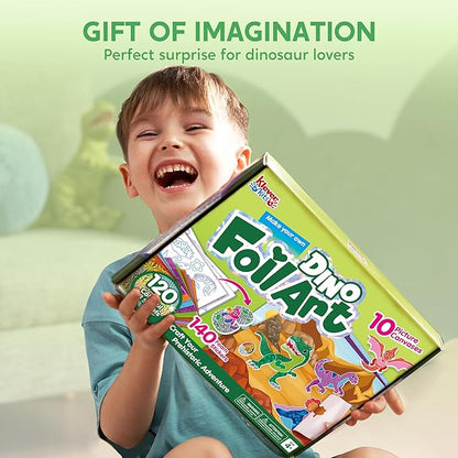 Klever Kits Foil Art Kit for Kids - Arts & Crafts Supplies, Mess Free Coloring, Dinosaur Foil Foam Stickers, Creative Travel Toys, Birthday Gifts for Boys & Girls Ages 4 and Up