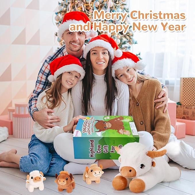 4 Pieces Highland Cow Stuffed Animals - 1 Mommy Stuffed Highland Cow with 3 Babies - White Cow Gifts for Girls Age 3-8, Cows Plush Toys for Christmas, Valentine's, Birthday Gifts (White)