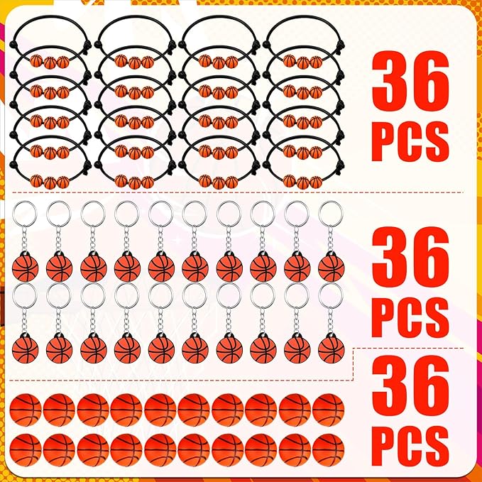 Nosiny 108 Pcs Baseball Party Favors Bulk 36 Pcs Baseball Keychain Gifts 36 Pcs Baseball Stress Balls 36 Pcs Baseball Charm Bracelets for Team Birthday Party Supplies(Basketball)