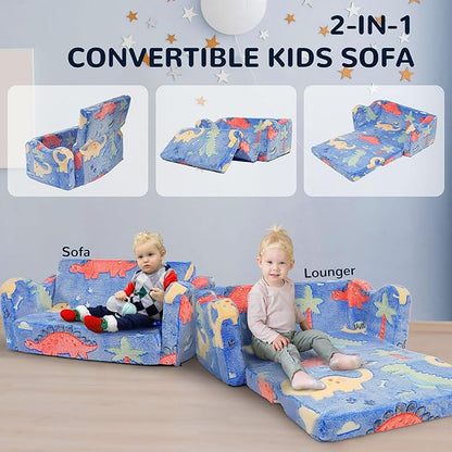 Elevon 2 in 1 Wider Toddler Couch, Flip Open Soft Sofa Bed, Glow in The Dark Flannel Baby Couch, 2-Seat Kids Chair Convertible Couch Easy Fold & Unfold, Baby Recliner Sofa for Girls and Boys