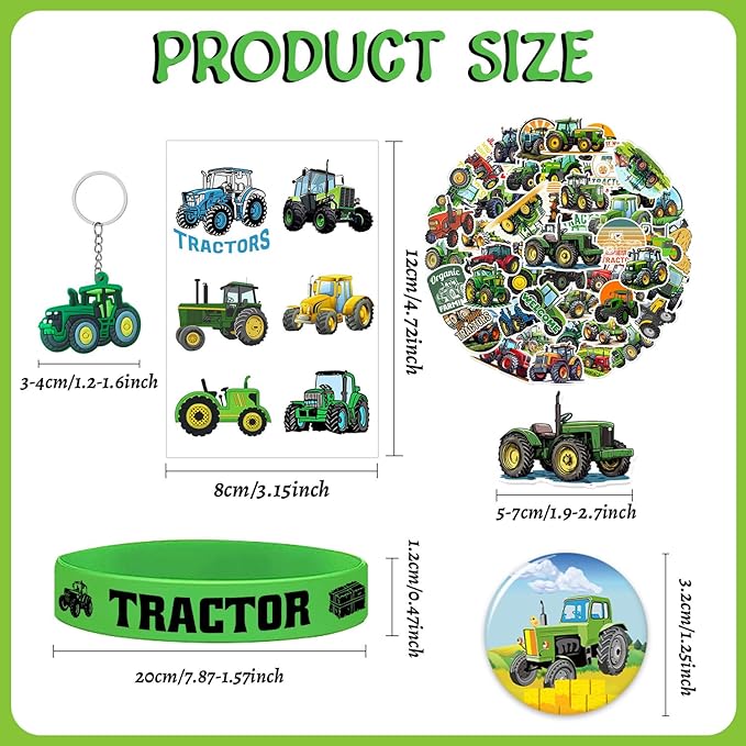 98 PCS Tractor Party Favors Tractor Theme Birthday Party Supplies Decorations Tractor Rubber Bracelet Tattoos Keychains Button Pin Tractor Stickers for Boys Girls Farm Tractor Birthday Theme Party