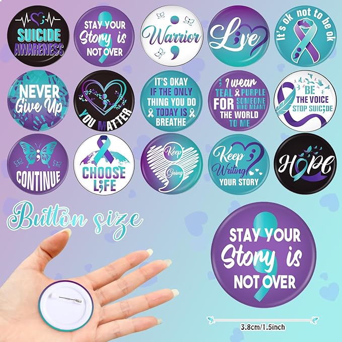 60 Pcs Suicide Prevention Awareness Accessories Bulk Include 30 World Suicide Prevention Day Hope Faith Bracelets and 30 Teal Purple Ribbon Semicolon Round Badges for Suicide Awareness and Prevention