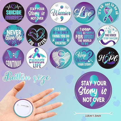 60 Pcs Suicide Prevention Awareness Accessories Bulk Include 30 World Suicide Prevention Day Hope Faith Bracelets and 30 Teal Purple Ribbon Semicolon Round Badges for Suicide Awareness and Prevention
