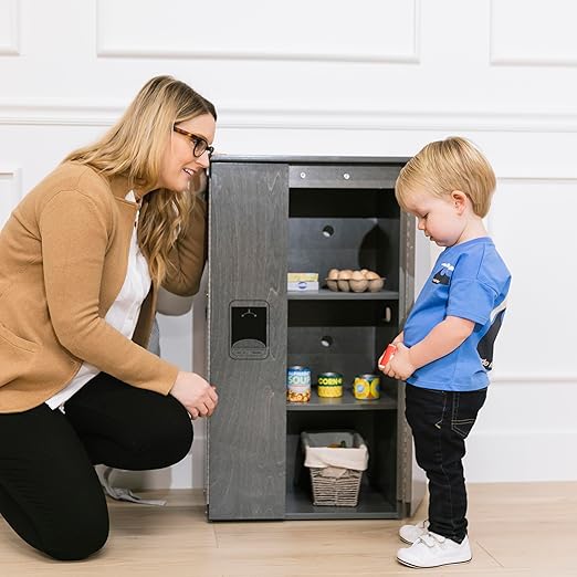 ECR4Kids Play Kitchen Refrigerator, Wooden Playset, Grey Wash