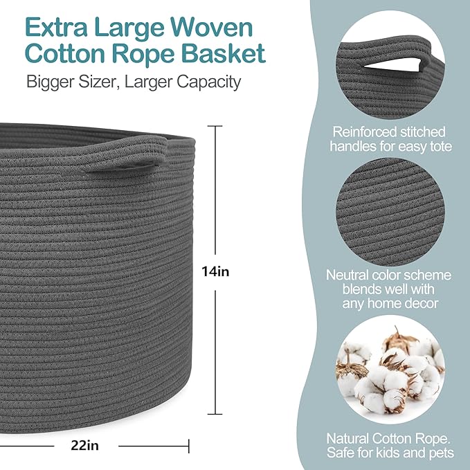 MEGASKET Large Dark Grey Storage Basket, Woven Cotton Rope Baskets for Storage, Big Blanket Organizer Storage Basket for Living Room, Kids Room Toy Storage Organizer Box, Blanket Keeper (22"x14")