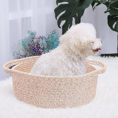 ABenkle Small Basket with Handles, Boho Decorative Rope Woven Dog Cat Toy Storage Bin Shelf Storage Organizer, Easter Christmas Gift Basket, 12"x8"x5"