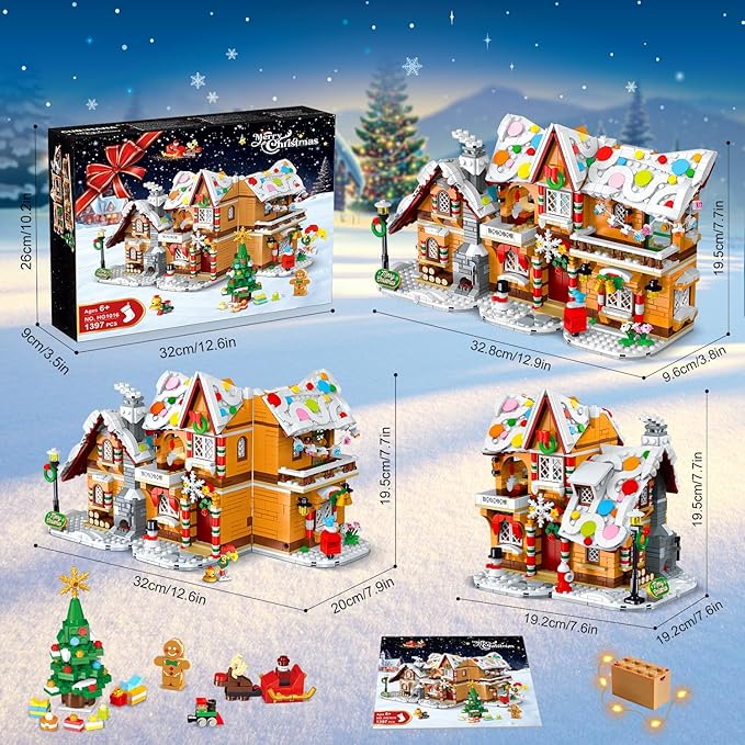 3 Style Christmas Gingerbread House Building Set with LED Light - 2024 Snowscape Village House Building Block Toy with Santa Claus Xmas Tree Train Gifts for Adults Kids Girls Boys Ages 8+ (1397 PCS)
