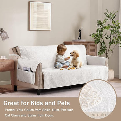Quilted Sofa Slipcovers with Pockets, Anti-Slip Medallion Designed Couch Covers for 3 Cushion Sofa, Couch Cover for Dogs Cats Water-Repellent Machine Washable (Large Sofa 68", White)