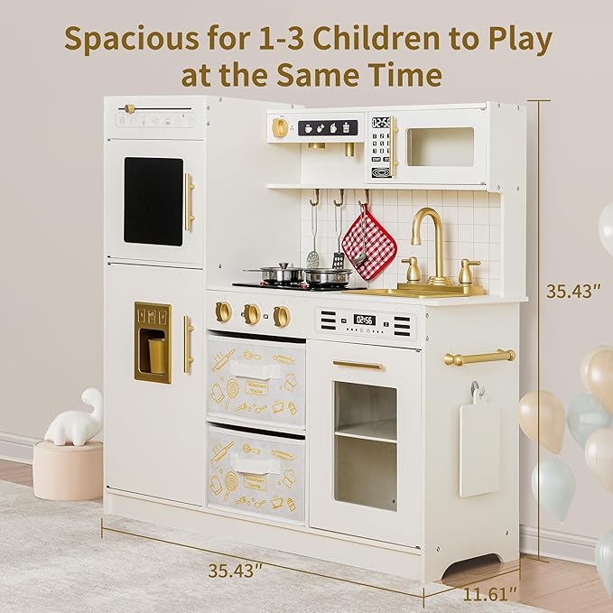 Play Kitchen Sets for Kids Ages 4-8 Pretend Wooden Kids Kitchen Playset Toy Kitchen with Real Sound& Light &Toy Storage System&12 Pcs Toddler Kitchen Accessories, for Boys and Girls,White Gold