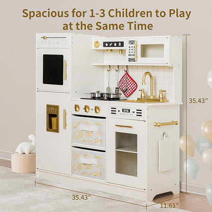 Play Kitchen Sets for Kids Ages 4-8 Pretend Wooden Kids Kitchen Playset Toy Kitchen with Real Sound& Light &Toy Storage System&12 Pcs Toddler Kitchen Accessories, for Boys and Girls,White Gold